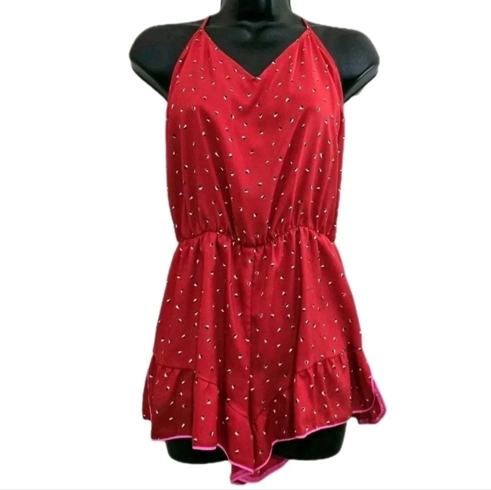 VICTORIA'S SECRET size Small Heart Print Sleep Lounge V Neck Romper Red - Picture 1 of 12
